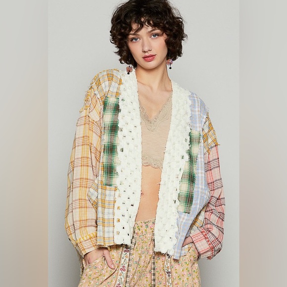POL Sweaters - POL Raw Edge Plaid Open Front Cardigan